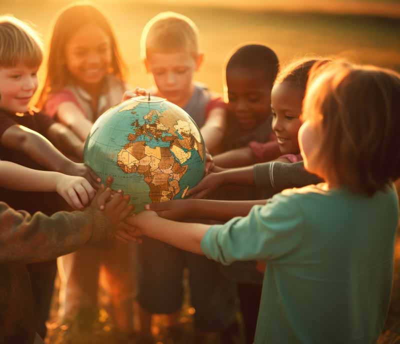 Viele Kinder halten gemeinsam einen Globus